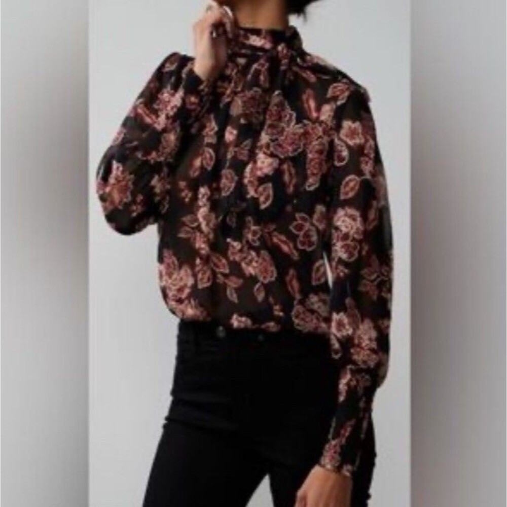 NY&Co Sheer Floral Blouse Medium Front Back Tie Neck  Fall Tones Ruched Sleeves